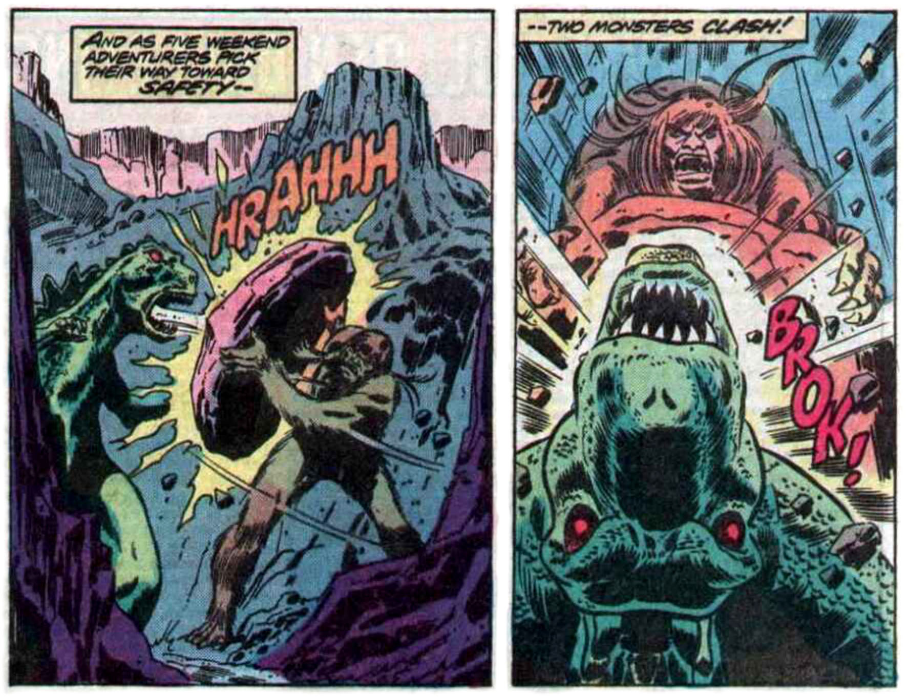 Two panels from this issue. In the first, Godzilla attacks Yetrigar with his fire breath. Yetrigar blocks the attack with a large rock. Narration reads “And as five weekend adventurers pick their way toward safety —” Sound effect is “Hrahhh.” In the second panel, Yetrigar hits Godzilla with the rock. Narration reads, “— two monsters clash!” Sound effect is “Brok!” Two panels from this issue. In the first, Godzilla attacks Yetrigar with his fire breath. Yetrigar blocks the attack with a large rock. Narration reads “And as five weekend adventurers pick their way toward safety —” Sound effect is “Hrahhh.” In the second panel, Yetrigar hits Godzilla with the rock. Narration reads, “— two monsters clash!” Sound effect is “Brok!”