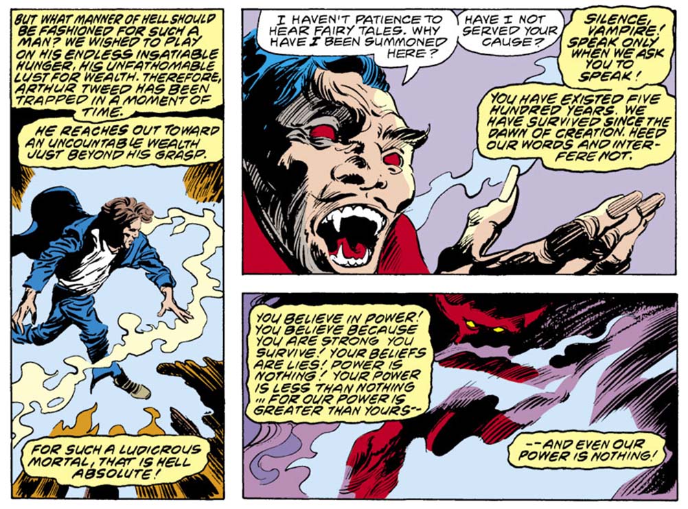 Three panels from this issue showing Satan talking Dracula’s ear off