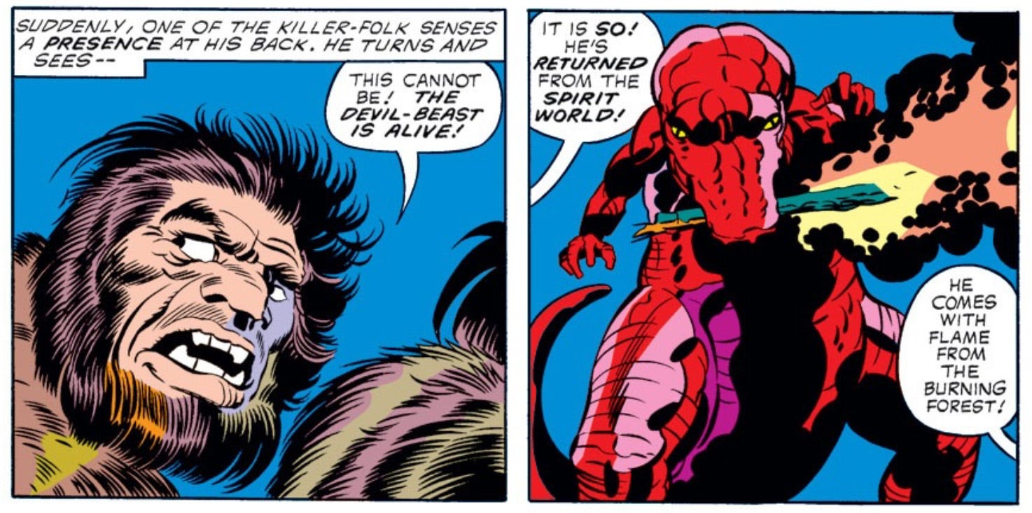 Two panels showing Devil Dinosaur attacking the Killer-Folk with a very large torch Two panels showing Devil Dinosaur attacking the Killer-Folk with a very large torch