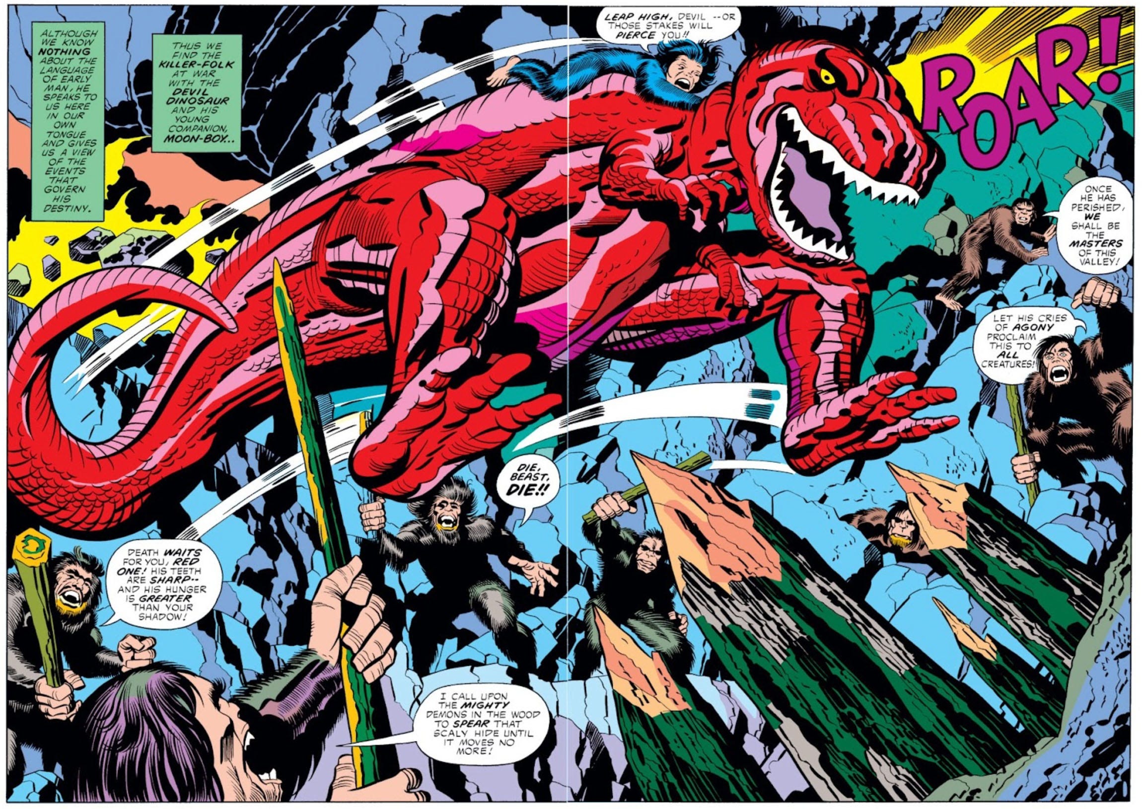 Double splash page with Devil Dinosaur and Moon-Boy fighting the Killer-Folk Double splash page with Devil Dinosaur and Moon-Boy fighting the Killer-Folk