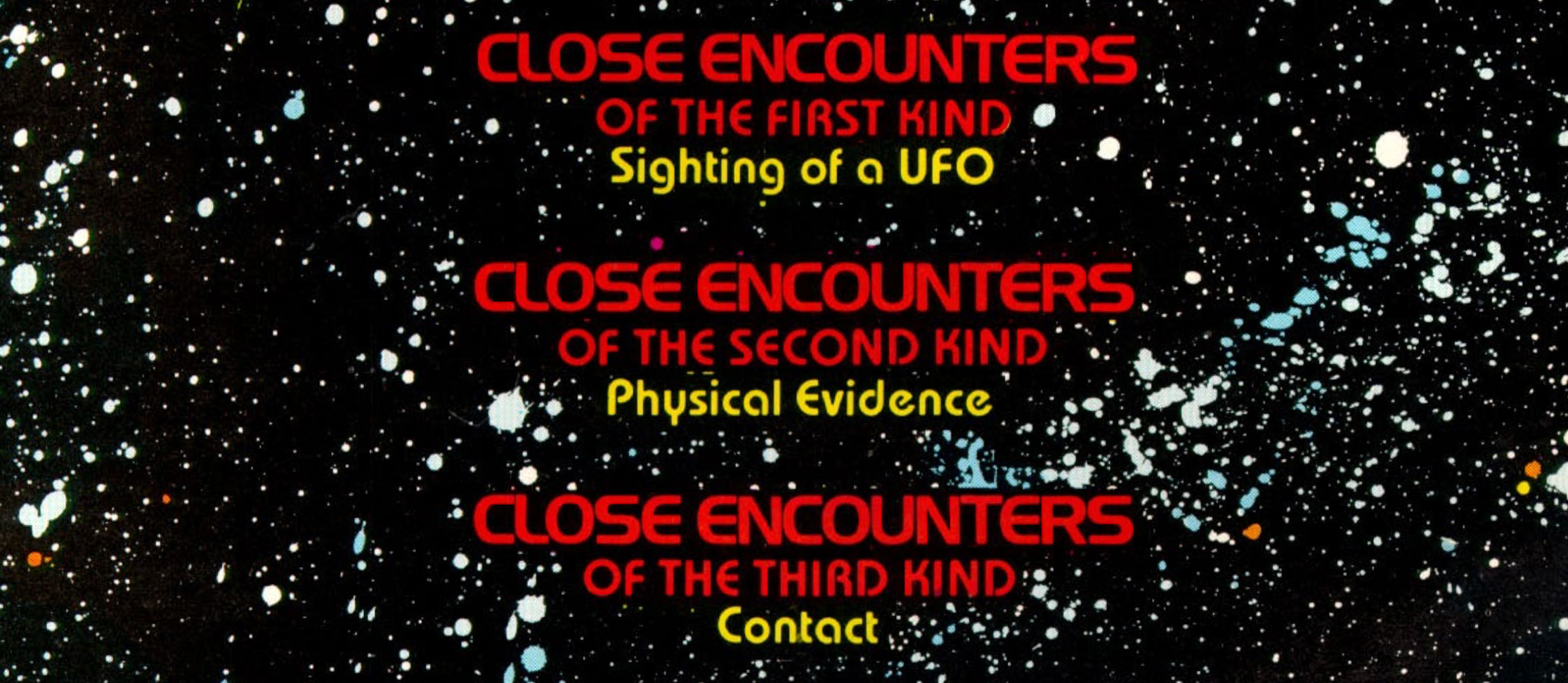 Part of a page explaining the different types of close encounters - first kind is sighting a UFO, second kind is physical evidence, third kind is contact Part of a page explaining the different types of close encounters - first kind is sighting a UFO, second kind is physical evidence, third kind is contact