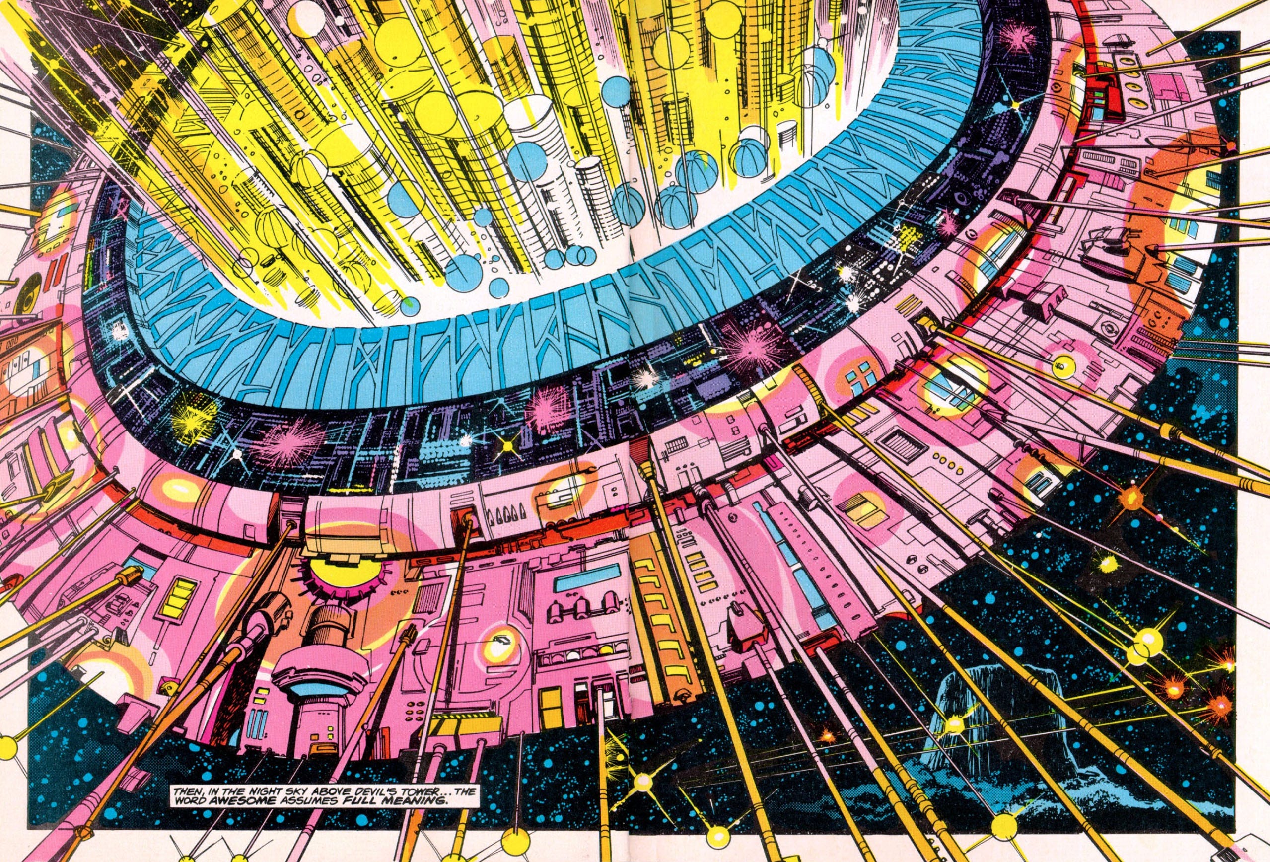 Double splash page of a huge flying saucer, yellow, blue, and pink in color, with Devil's Tower and the night sky in the background Double splash page of a huge flying saucer, yellow, blue, and pink in color, with Devil's Tower and the night sky in the background