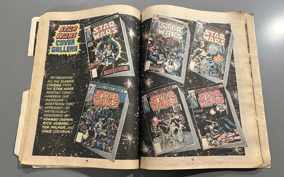 Photo of pages 56 and 57 of my copy of Marvel Special Edition Featuring Star Wars issue no. 3. These two pages feature a cover gallery of the first six issues of Marvel’s Star Wars comic book. Photo of pages 56 and 57 of my copy of Marvel Special Edition Featuring Star Wars issue no. 3. These two pages feature a cover gallery of the first six issues of Marvel’s Star Wars comic book.