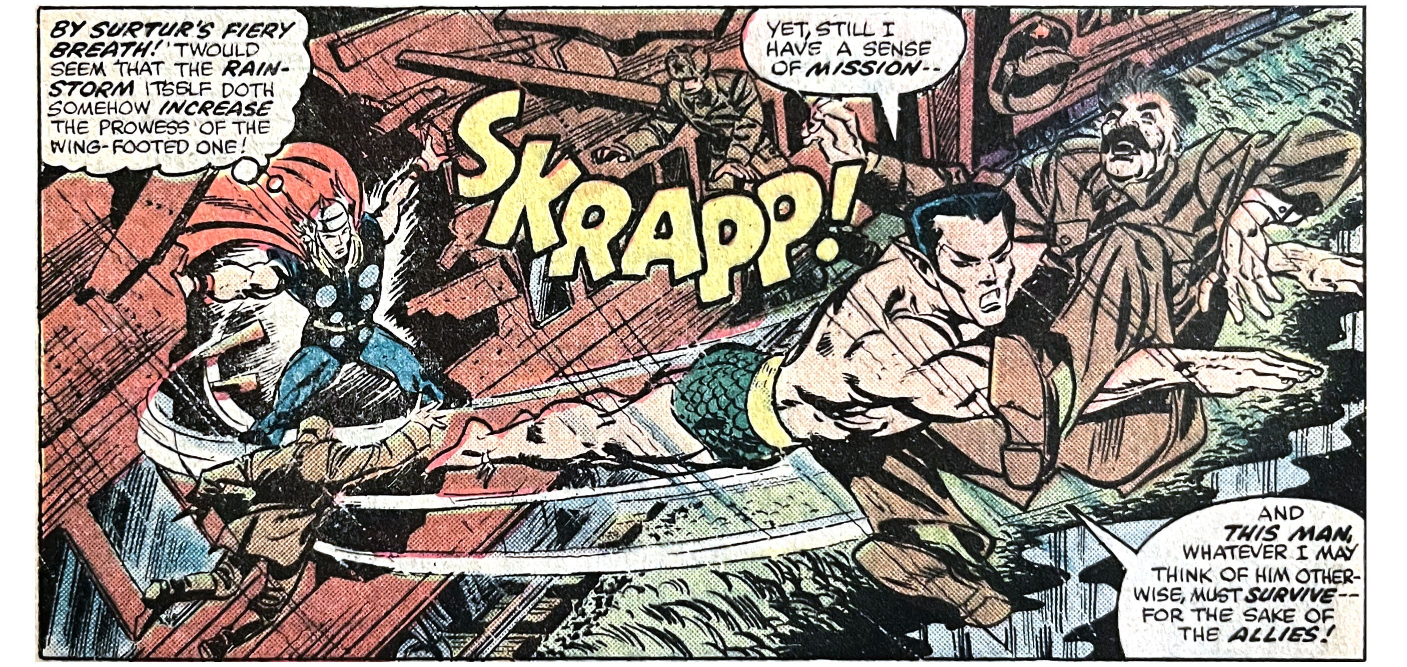 A panel from this issue showing Sub-Mariner bursting out of a train car while carrying Stalin, flying away from Thor. Sound effect is “skrapp!” Thor thinks, “By Surtur’s fiery breath! ’Twould seem that the rainstorm itself doth somehow increase the prowess of the wing-footed one!” Sub-Mariner says, “Yet, still I have a sense of mission — and this man, whatever I may think of him otherwise, must survive — for the sake of the Allies!” A panel from this issue showing Sub-Mariner bursting out of a train car while carrying Stalin, flying away from Thor. Sound effect is “skrapp!” Thor thinks, “By Surtur’s fiery breath! ’Twould seem that the rainstorm itself doth somehow increase the prowess of the wing-footed one!” Sub-Mariner says, “Yet, still I have a sense of mission — and this man, whatever I may think of him otherwise, must survive — for the sake of the Allies!”