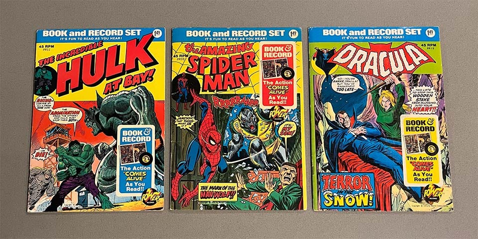 Hulk, Spider-Man, and Dracula book-and-record sets Hulk, Spider-Man, and Dracula book-and-record sets