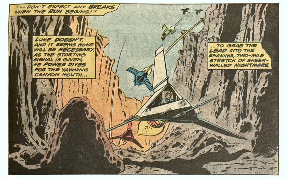 A panel from this issue. It shows a small triangular rocket ship flying through a rocky canyon. Five other ships are following it. Caption reads, “‘—don’t expect any breaks when the run begins!’ Luke doesn’t. And it seems none will be necessary. As the starting signal is given, he power dives for the yawning canyon mouth... to grab the lead into the snaking, two-mile stretch of sheer-walled nightmare.”