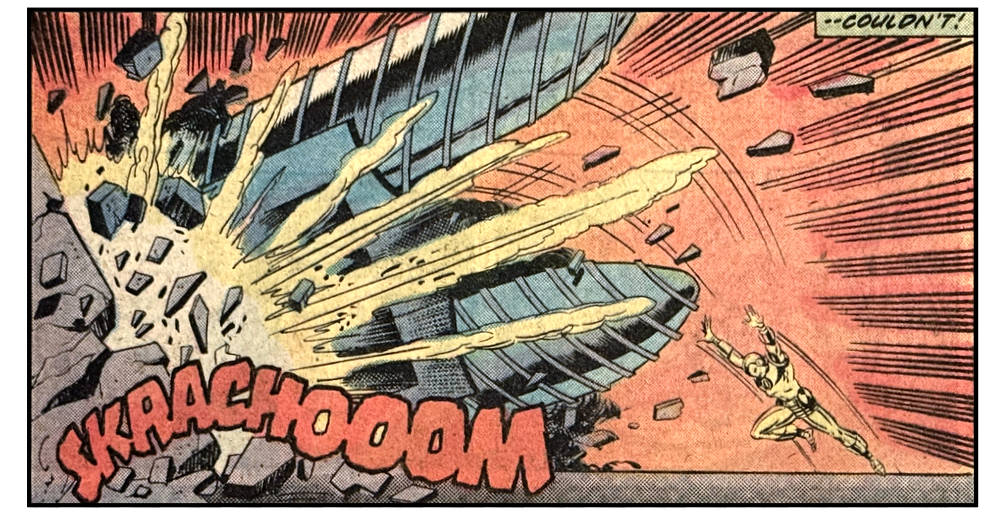 A panel from this issue showing Iron Man, small in the frame, throwing a large tank-like vehicle into a wall. The caption, continued from the previous panel, says “—couldn’t!” Sound effect for the tank exploding into the wall is “skrachooom.”